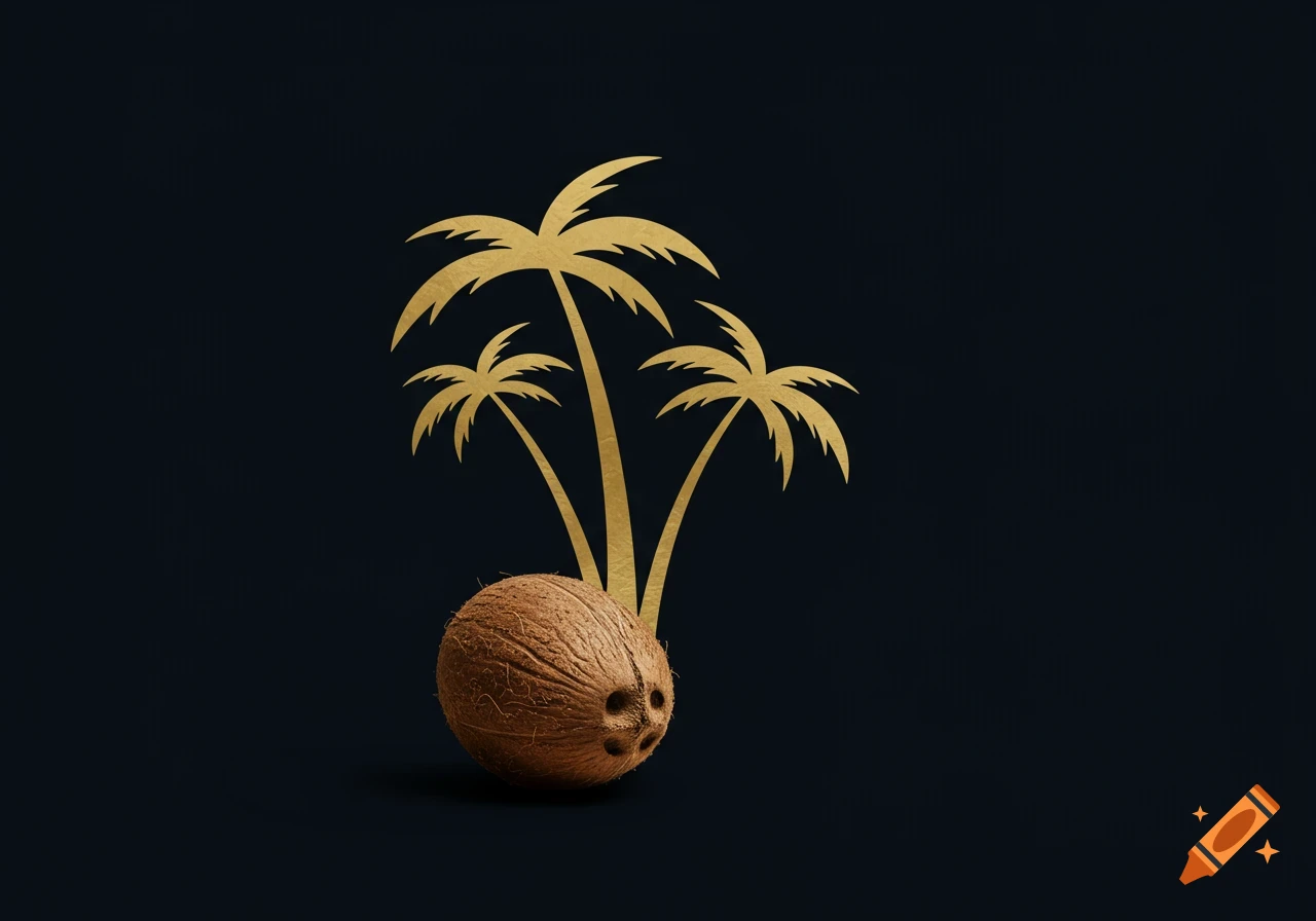 A minimalist image of a brown coconut with three golden palm tree silhouettes on a dark background.