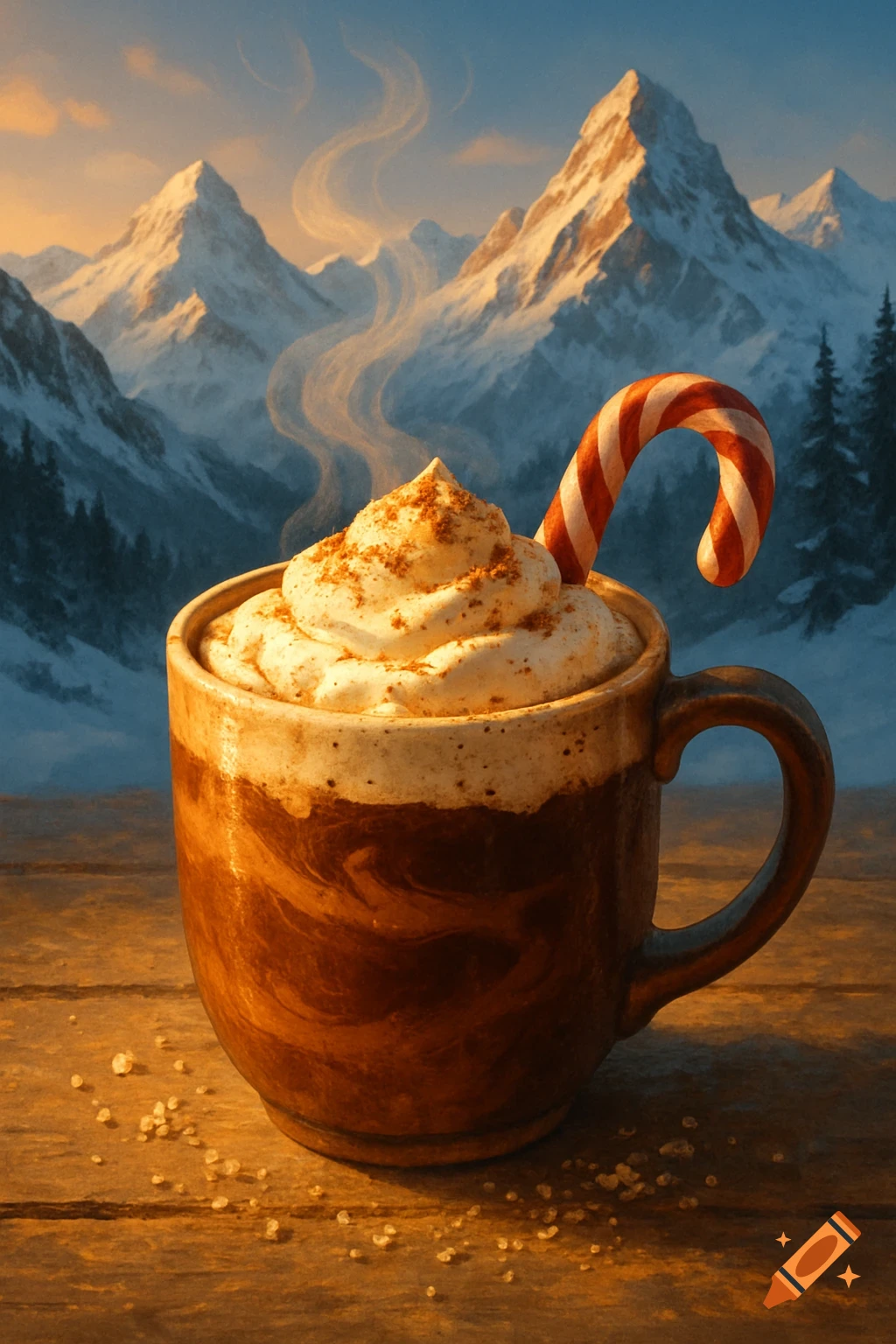 A steaming mug of hot chocolate with whipped cream and a candy cane on a wooden table, set against snowy mountains and pine trees.