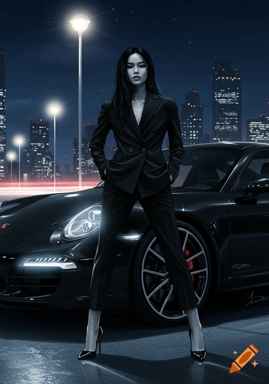 A stylish woman in a black suit stands by a black Porsche on a city street at night, illuminated by streetlights. Digital art.