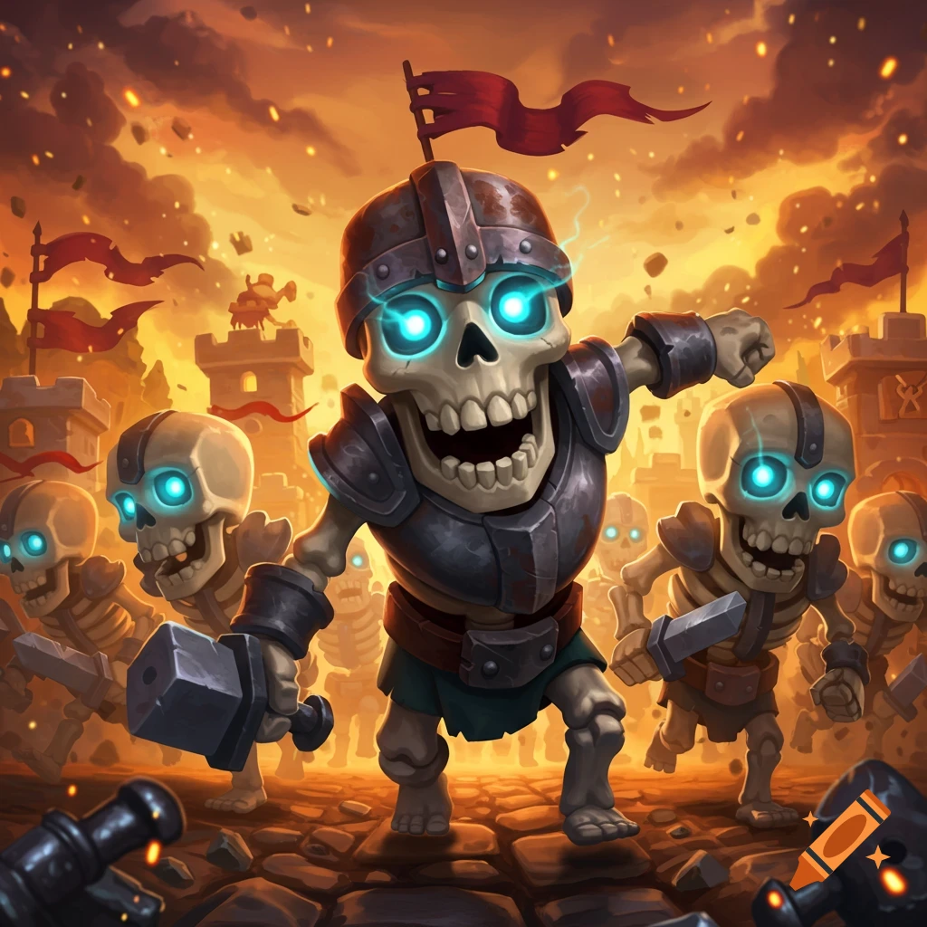 A group of stylized cartoon skeletons in armor with glowing blue eyes, carrying weapons, advance from a burning castle in a fantasy battlefield.