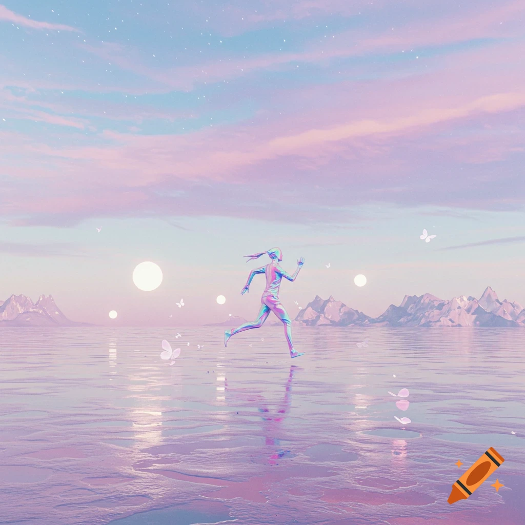 A stylized iridescent figure runs across a reflective body of water under a pastel sky with mountains and floating orbs.