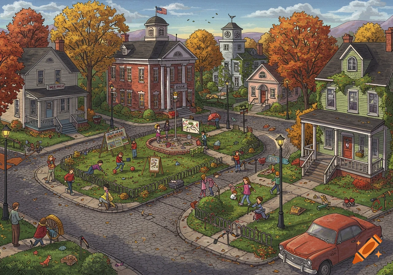 An overhead view of a bustling small town neighborhood in autumn, with houses, a central park, people, and a red car. The illustration style is detailed and whimsical.