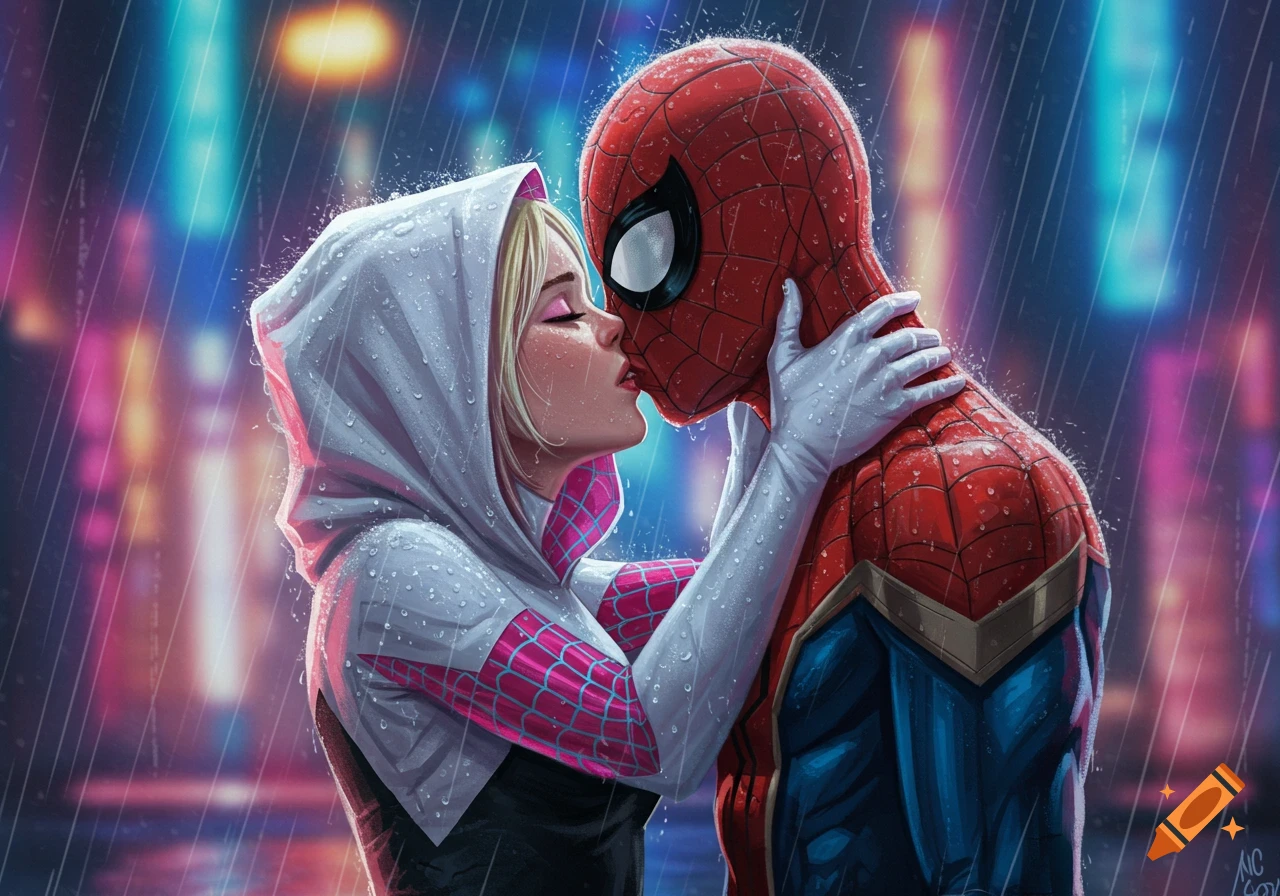 Spider-Gwen in a white hooded suit passionately kisses Spider-Man in the rain, city lights blur in the background, comic art style.
