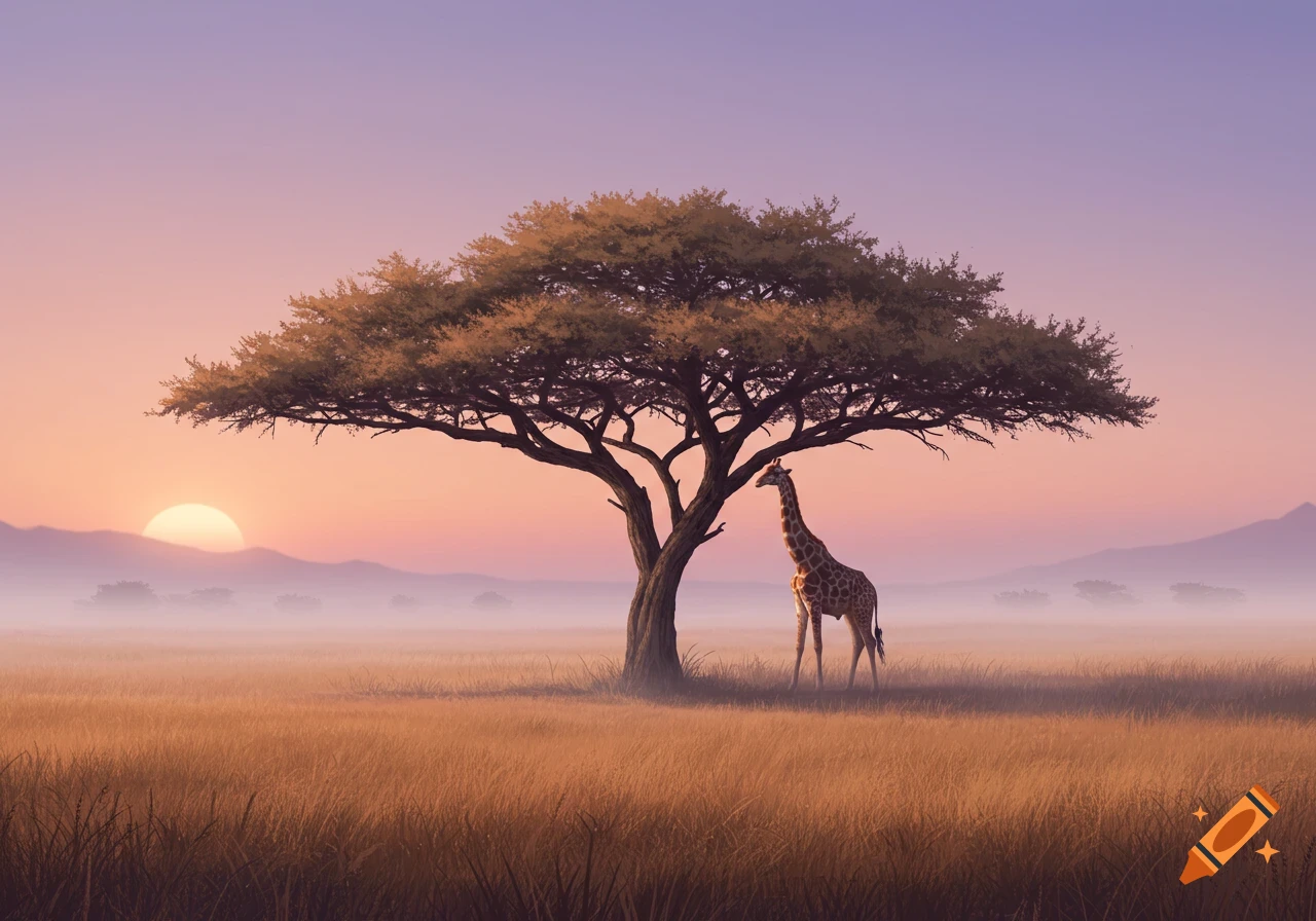 A giraffe stands under a large acacia tree in a golden savanna landscape at sunset with mountains in the background.