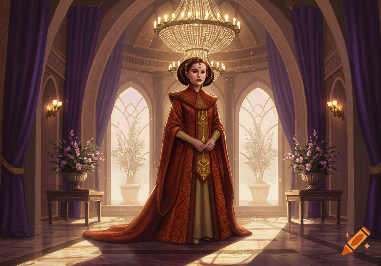 A regal woman resembling Padme Amidala in an ornate red and gold gown stands in a grand hall with purple drapes and a chandelier.