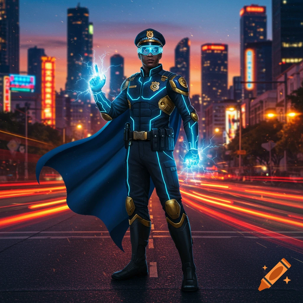A superhero police officer in a futuristic city at dusk, with blue glowing energy on hands and red traffic light trails.