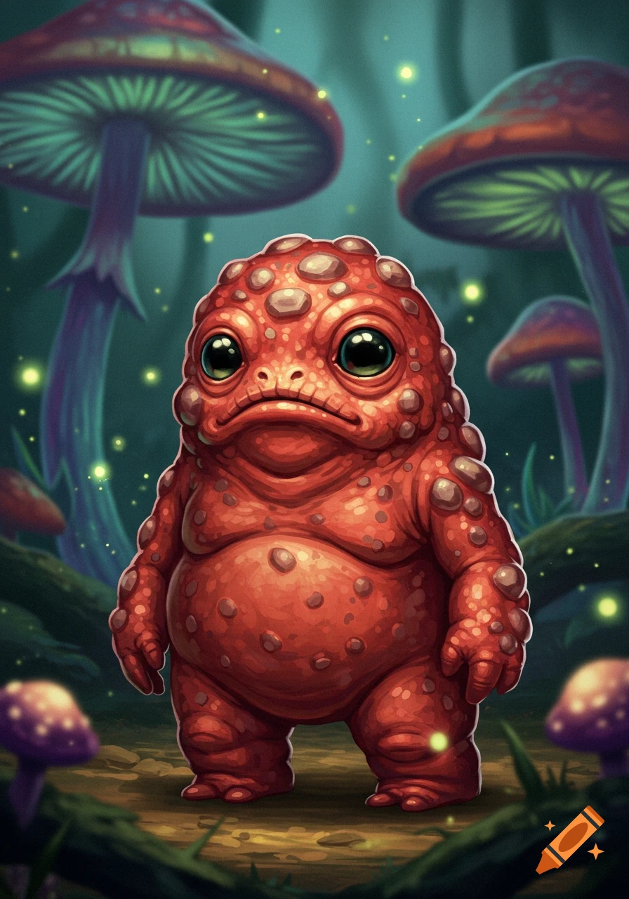 A round, bumpy red creature with large, sad eyes stands in a magical forest filled with tall, glowing mushrooms.