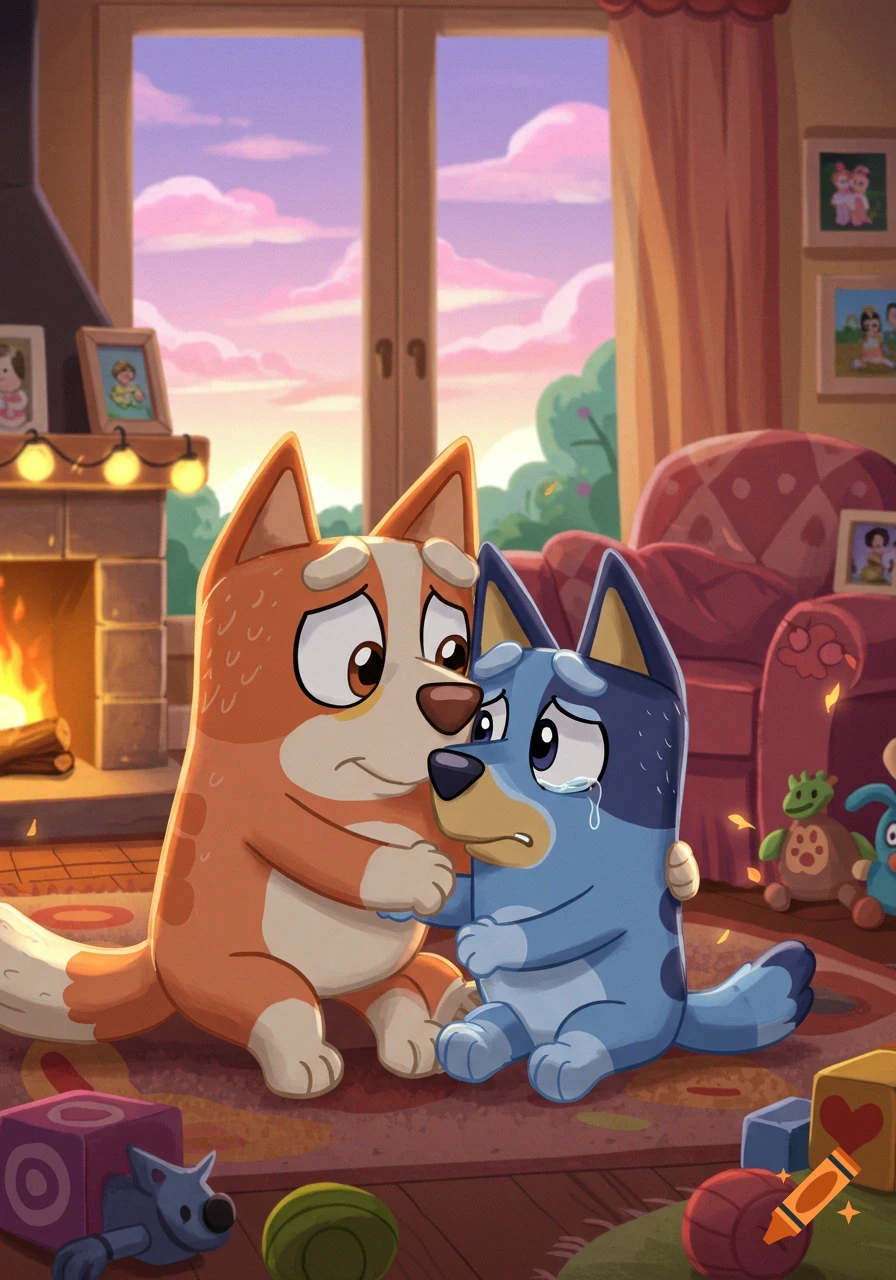 Cartoon of Bingo comforting a crying Bluey in a cozy living room with a fireplace and toys, at sunset.