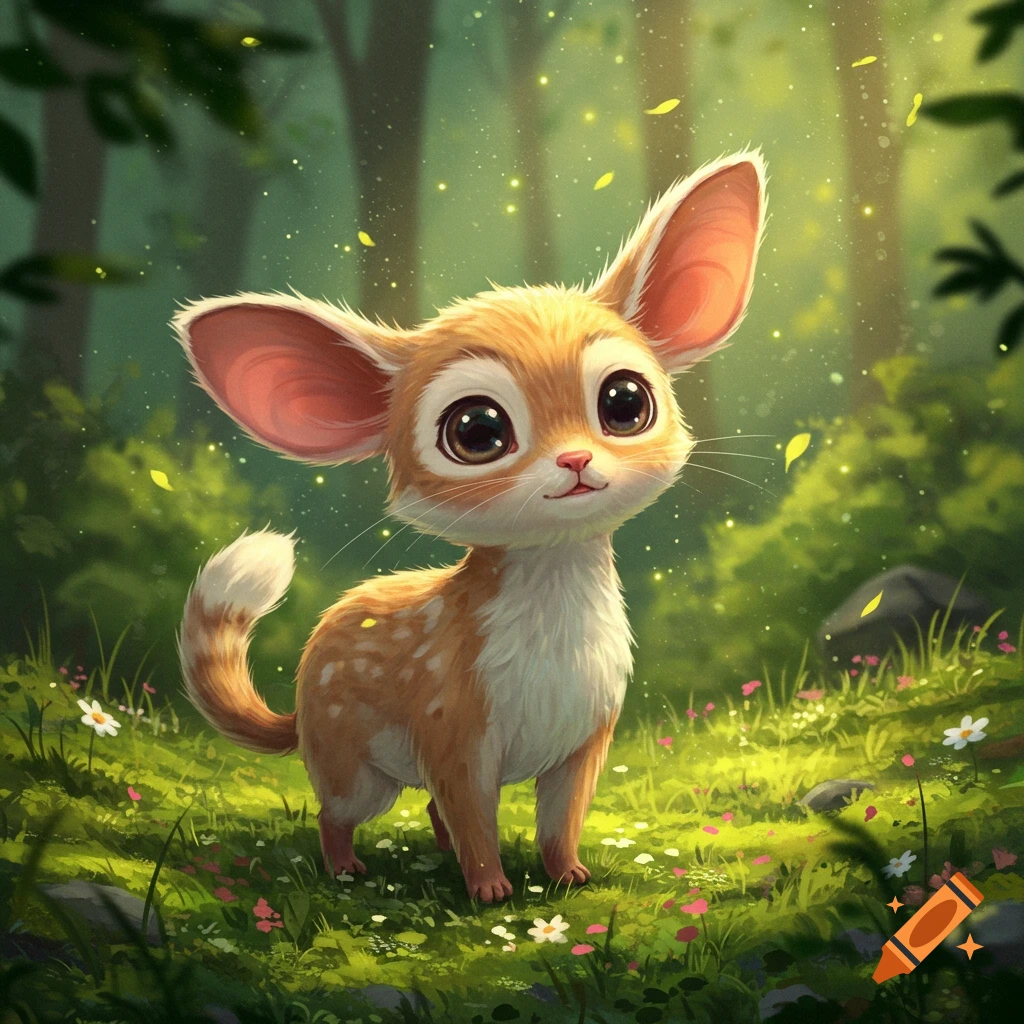 A cute, stylized, fawn-like creature with large eyes and ears stands in a magical forest clearing with glowing particles.