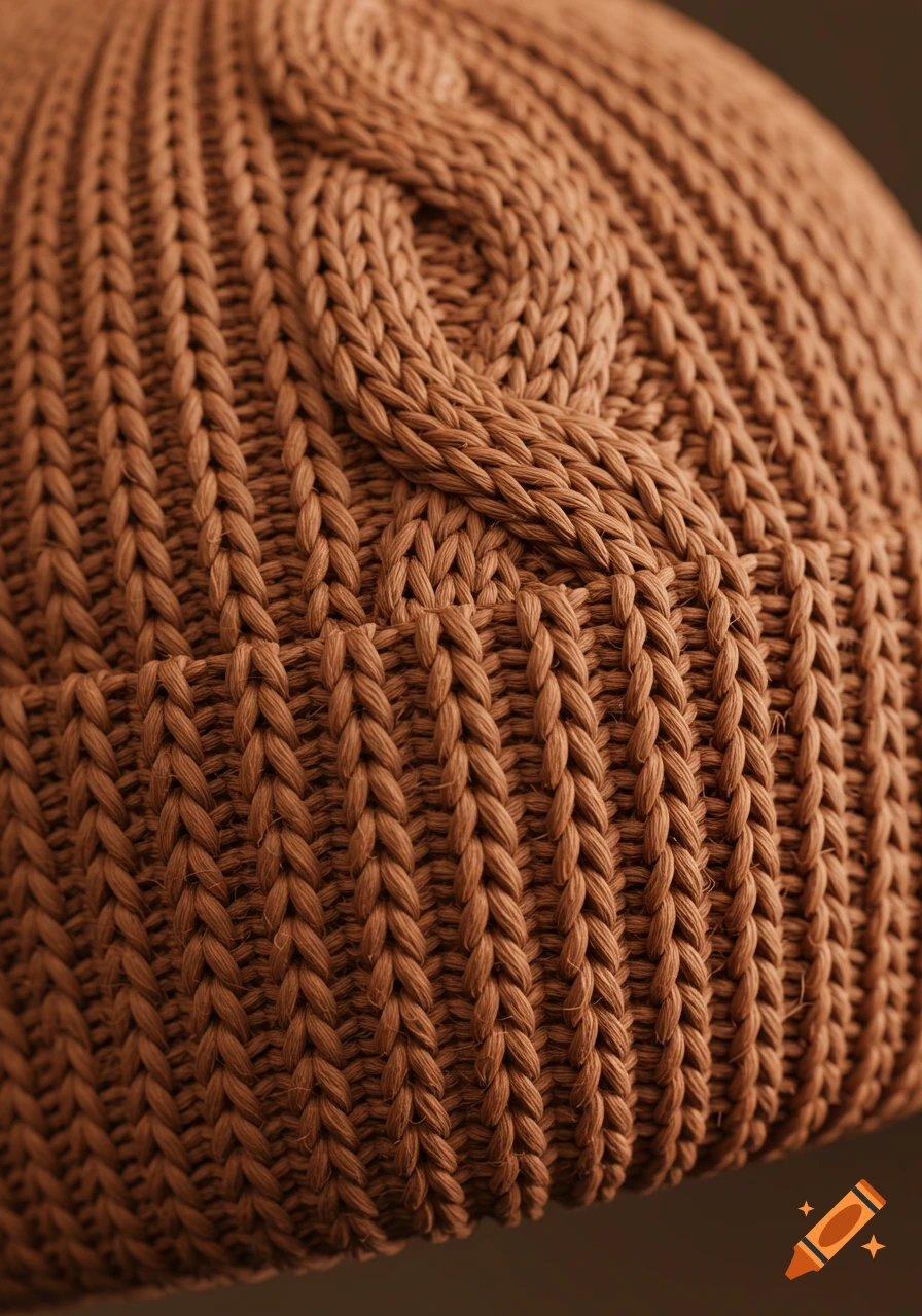 Close-up of a brown knitted fabric, showing intricate cable knit and ribbed patterns in photorealistic detail.
