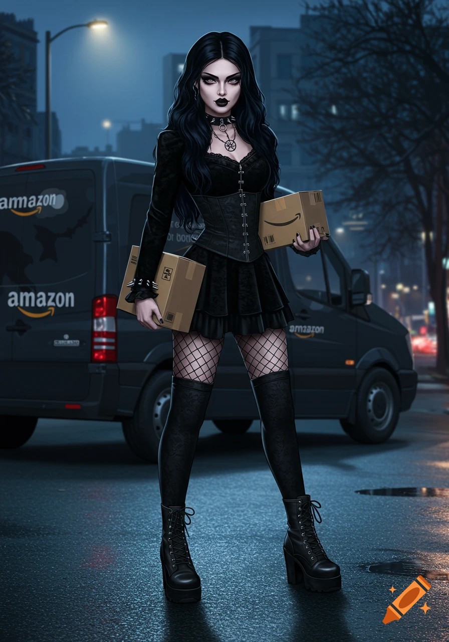 A goth woman with dark hair and makeup wears a black corset dress, fishnet stockings, and platform boots, holding two Amazon packages next to a dark Amazon delivery van at night.