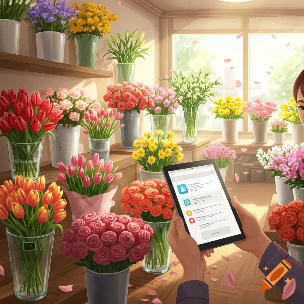 A person holds a tablet displaying an app in a brightly lit flower shop filled with many colorful bouquets of tulips, roses, and other flowers.