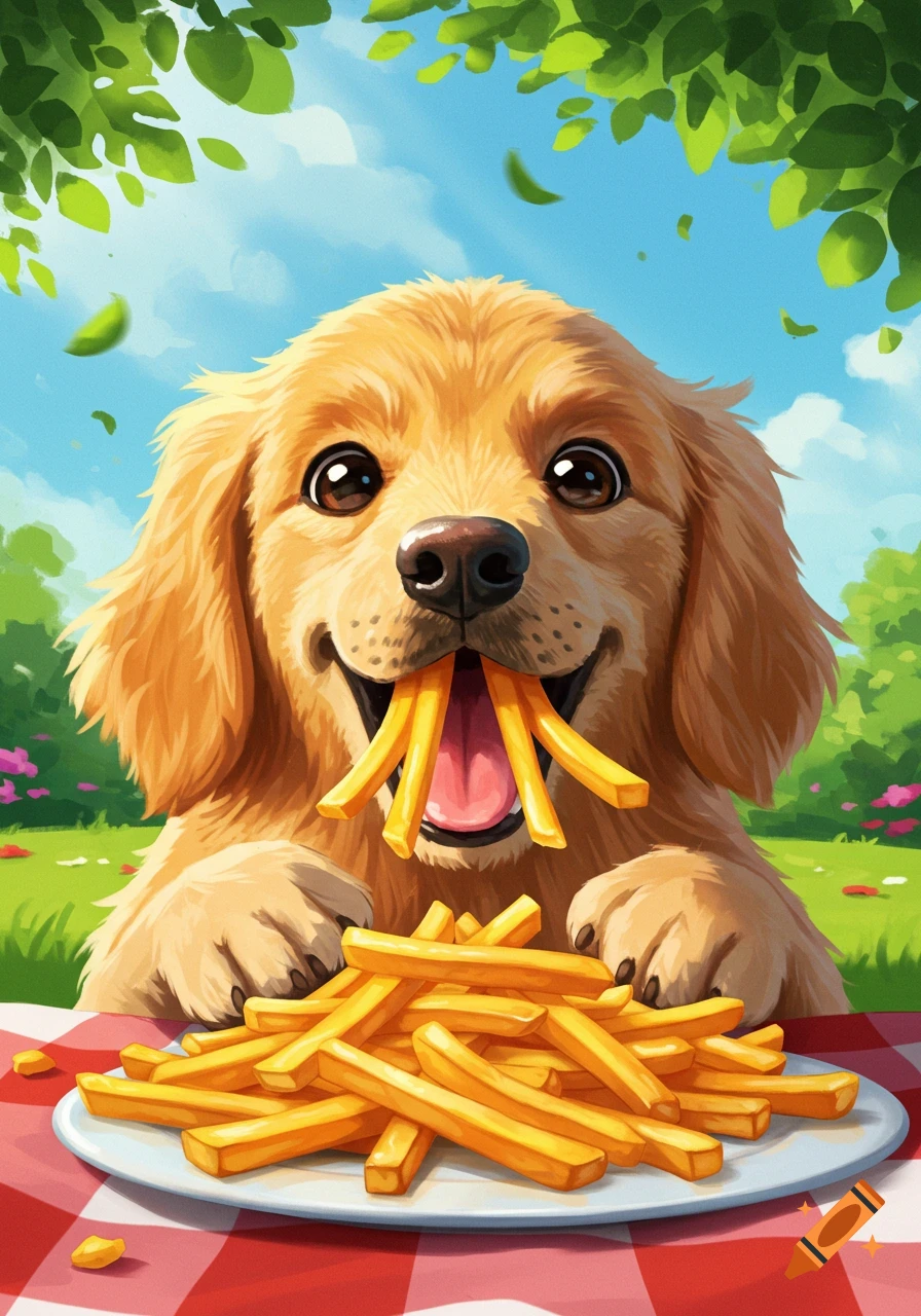 A happy cartoon golden retriever puppy holding and eating a pile of french fries on a red and white checkered tablecloth outdoors.