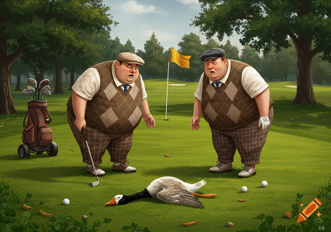 Two shocked, portly cartoon golfers stand on a green golf course, looking down at a dead goose and golf balls.