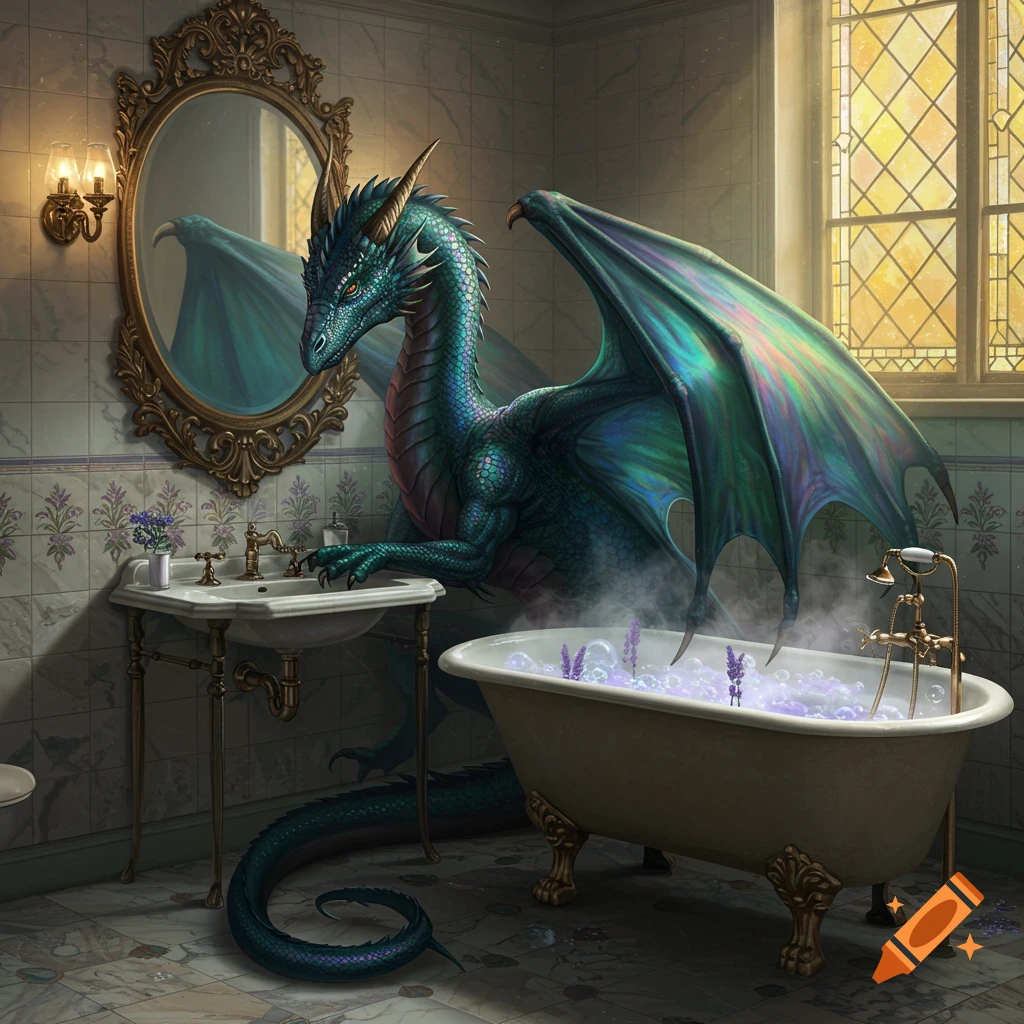 A large, vibrant teal and purple dragon leans over a vintage bathroom sink, with a steaming clawfoot tub full of bubbles beside it.