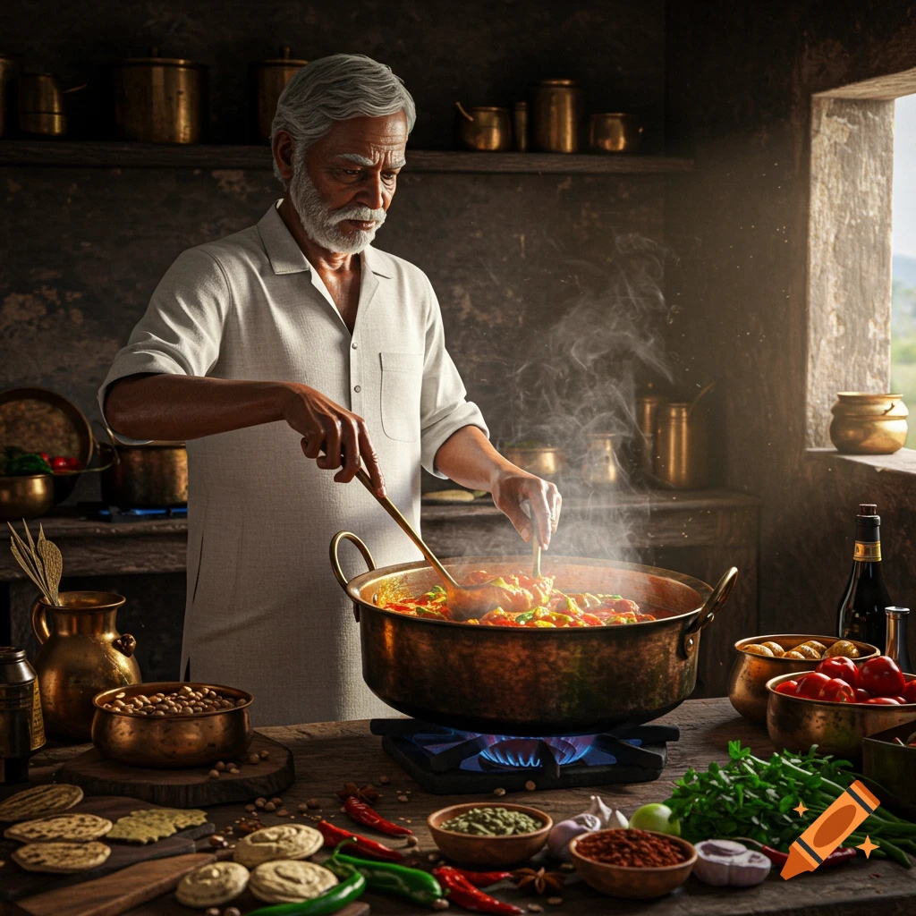 Older Indian man with a white beard cooking curry in a large pot in a rustic kitchen, surrounded by spices, photorealistic.