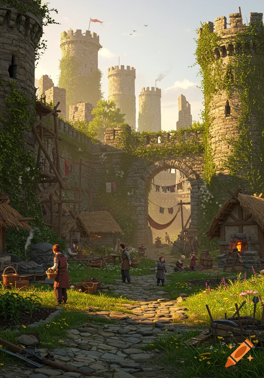 A fantasy medieval village set within ancient, vine-covered castle ruins, with villagers going about daily life on a cobbled path.