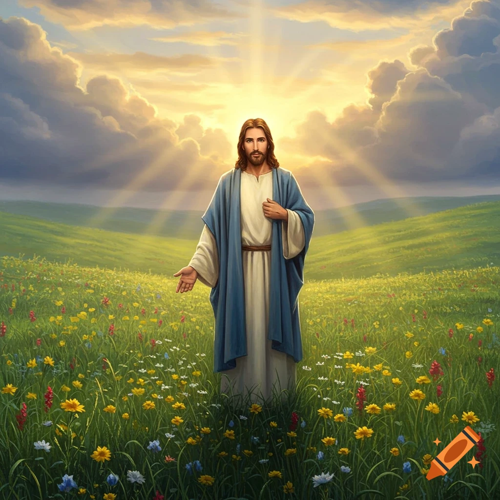 Jesus stands in a vibrant wildflower field, bathed in light rays from a glowing sky, one hand gently extended in a classical painting style.