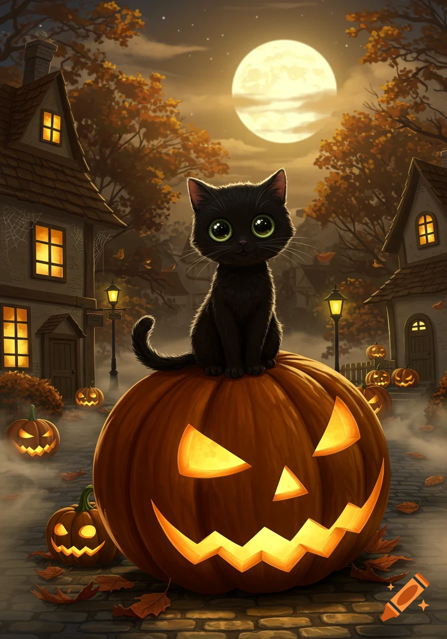 A cute black cat with big green eyes sits atop a carved jack-o'-lantern on a cobblestone path in a village, under a full moon on Halloween night.