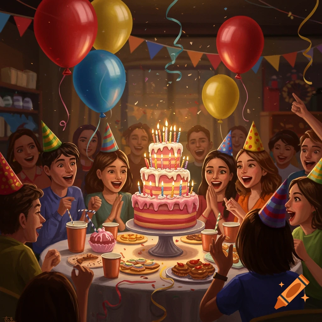 A group of happy people celebrating a birthday, gathered around a three-tiered cake with lit candles, surrounded by balloons and confetti, in an illustrated style.