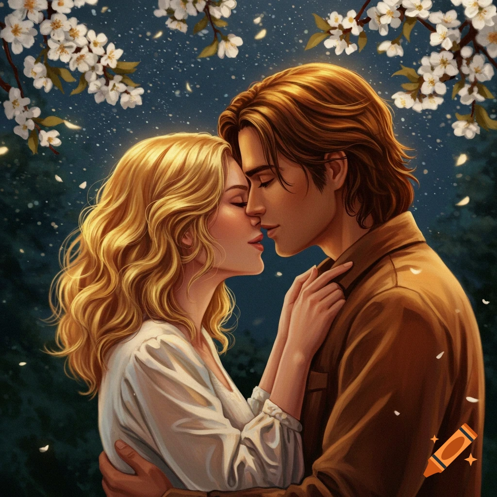 An illustration of a blonde woman and a brown-haired man embracing and leaning in for a kiss under white cherry blossoms.