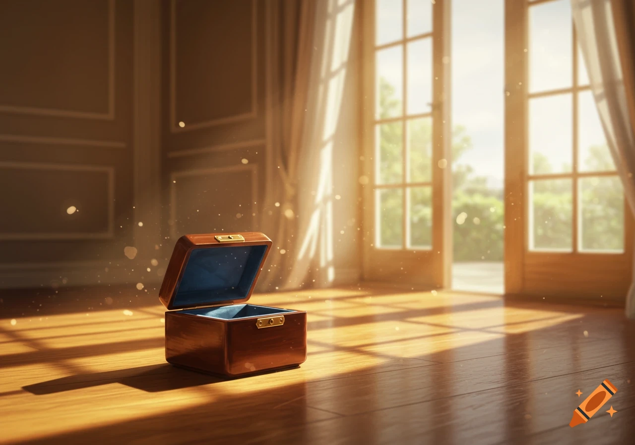 An open wooden box with blue velvet lining sits on a sunlit wooden floor, with light streaming through an open French door.