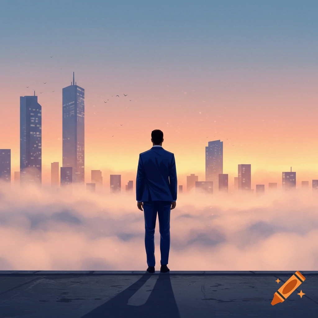 A man in a suit stands on a rooftop looking at a city skyline partially covered by clouds during sunset.