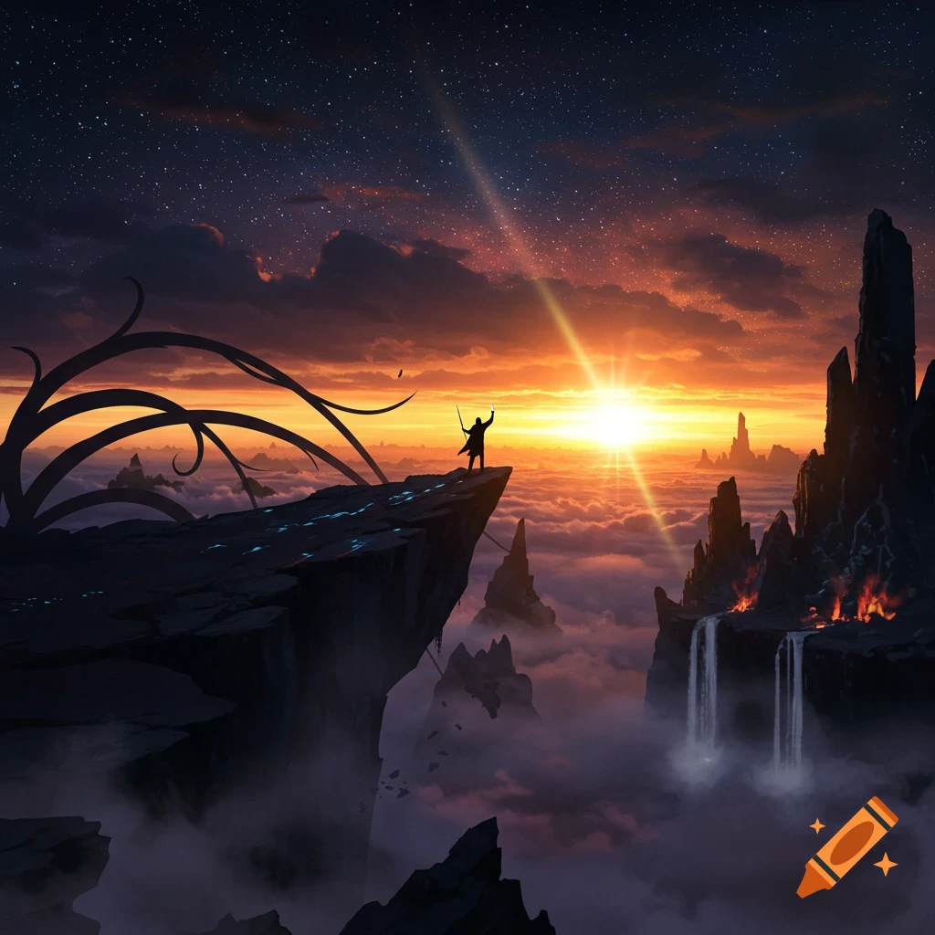 A silhouetted figure on a cliff overlooks a dramatic sunset over a fantastical cloudscape, jagged mountains, waterfalls, and glowing lava.