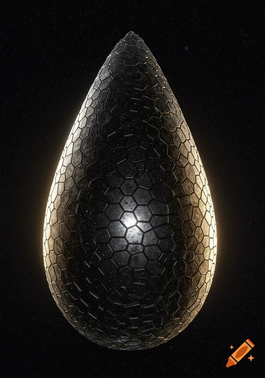 A dark, teardrop-shaped sci-fi object with a surface of glowing hexagonal plates against a black, starry background.