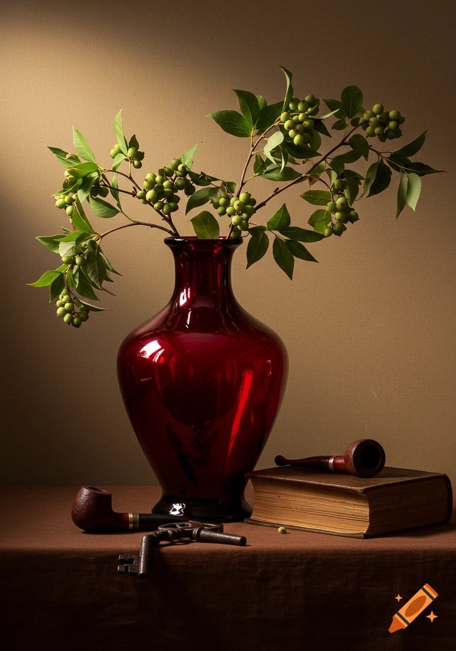 A photorealistic still life featuring a glossy red vase holding green-berried branches, flanked by an old book, two pipes, and antique keys, all on a brown tablecloth.