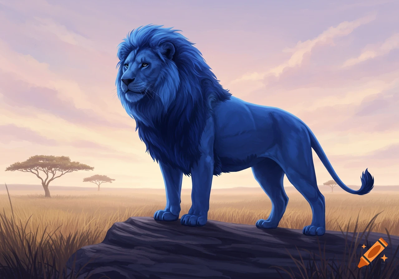 A majestic blue lion stands on a rock in a savanna landscape with acacia trees under a pastel sky, digital art.