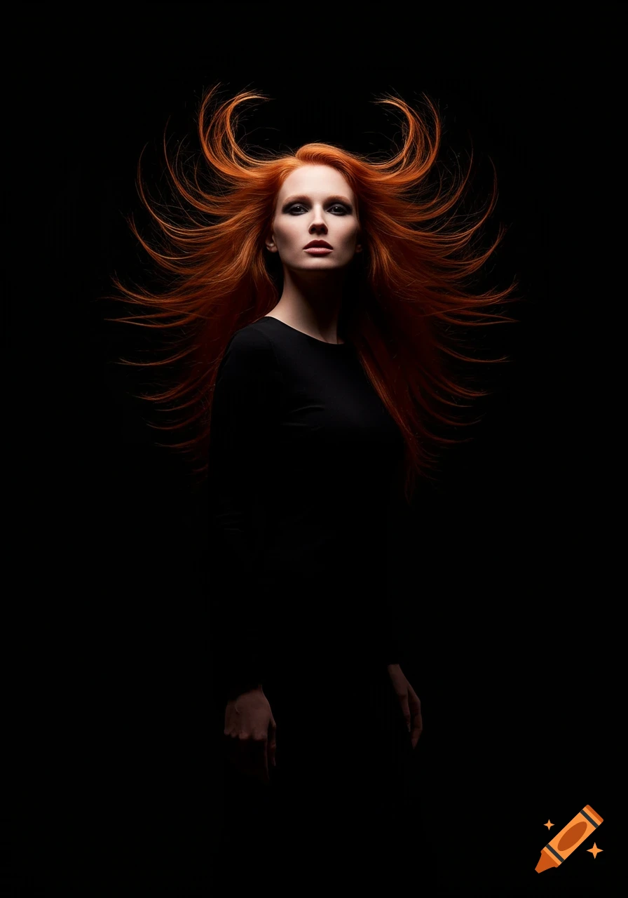 A woman with dramatic, windswept red hair and dark makeup, wearing a black top against a black background.