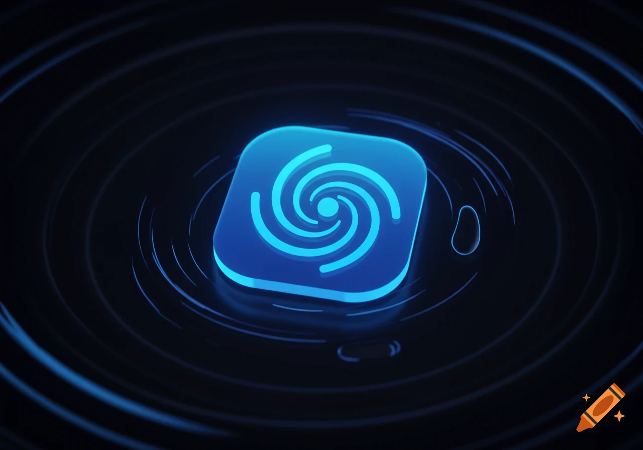 A glowing blue app icon with a spiral design on a dark, rippled surface.