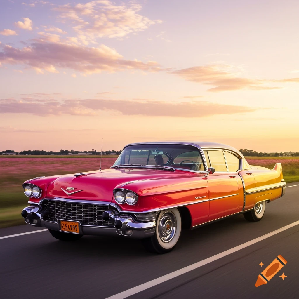 A red and orange 1950s Cadillac drives on a road at sunset, with fields in the background.