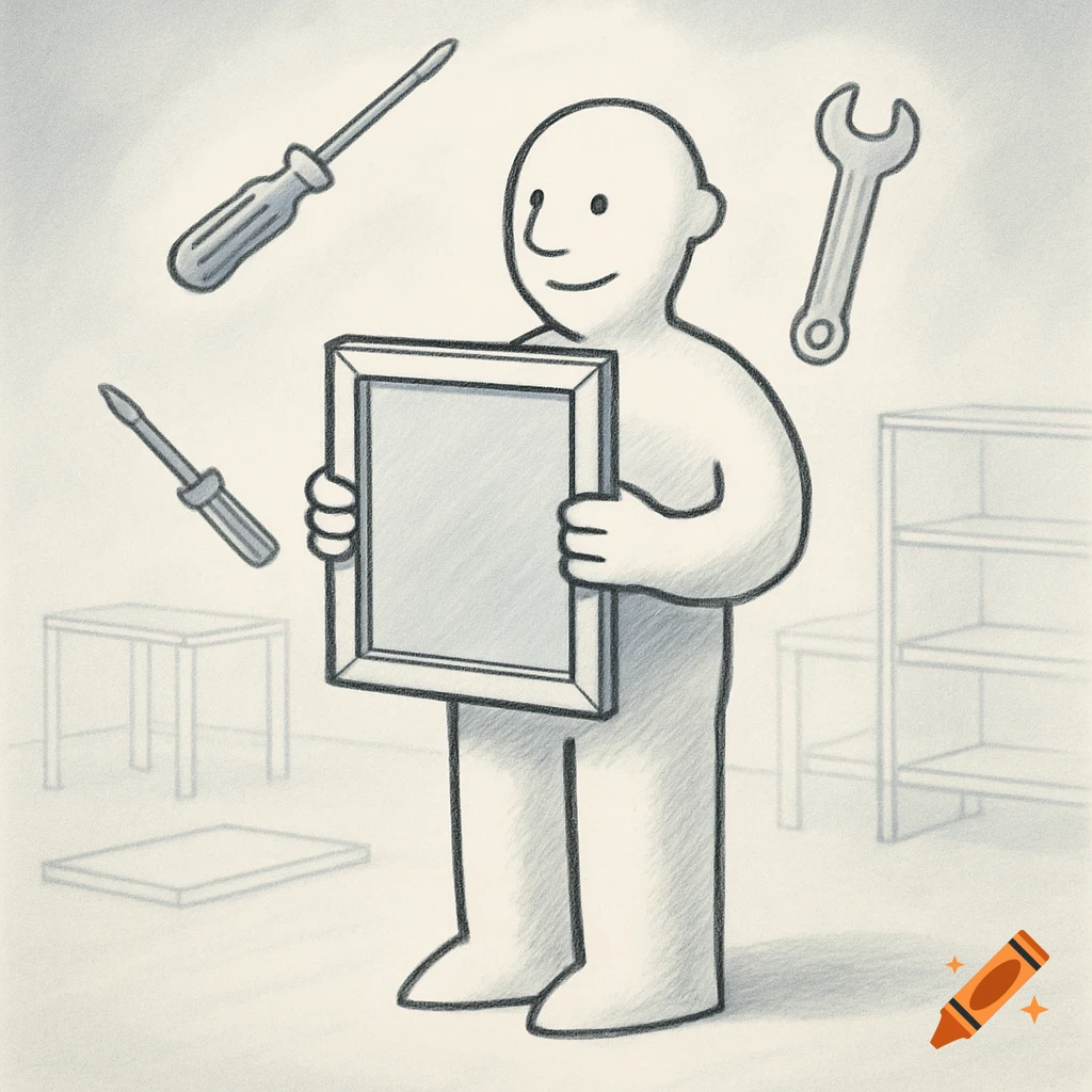 Minimalist illustration of a person holding a picture frame, surrounded by floating tools and outlined furniture.