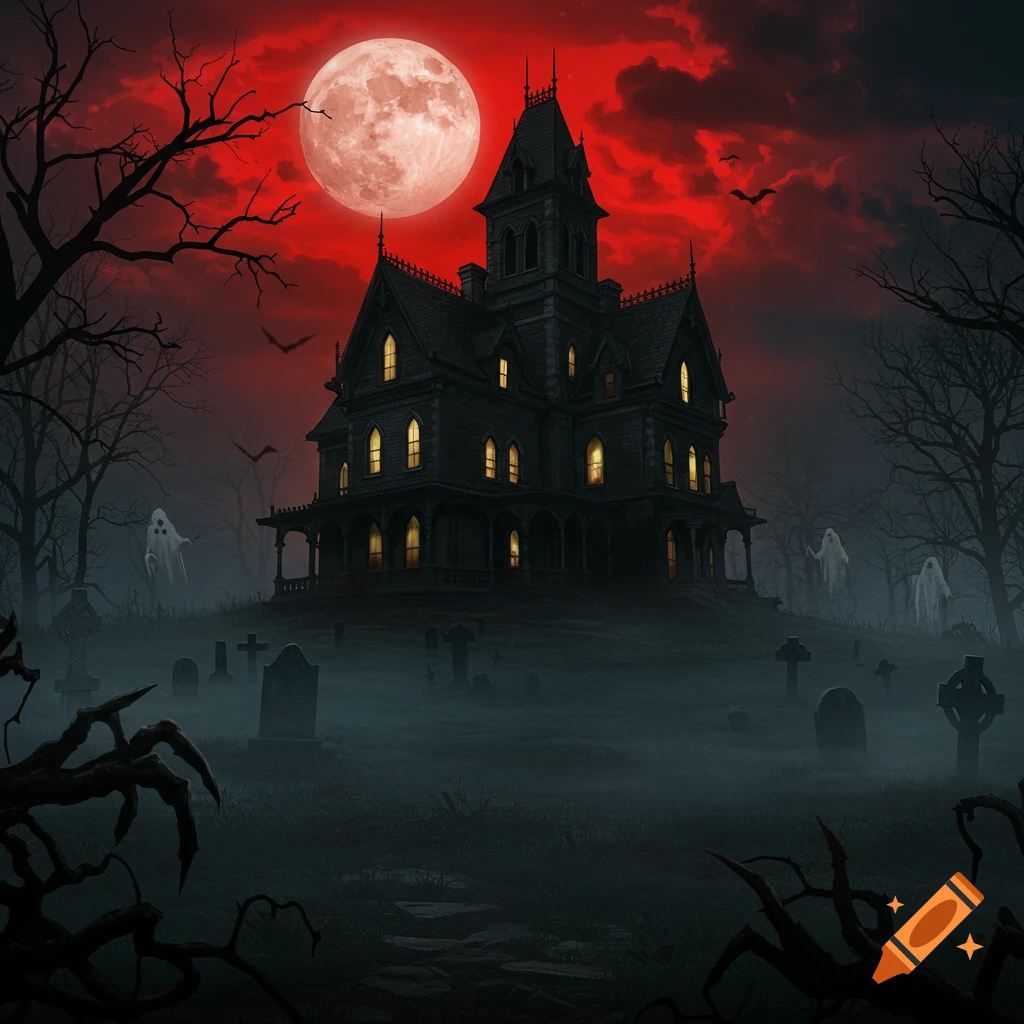 A gothic haunted mansion on a hill, surrounded by a misty cemetery with gravestones, silhouetted against a blood-red full moon and sky with flying bats and ghostly figures.