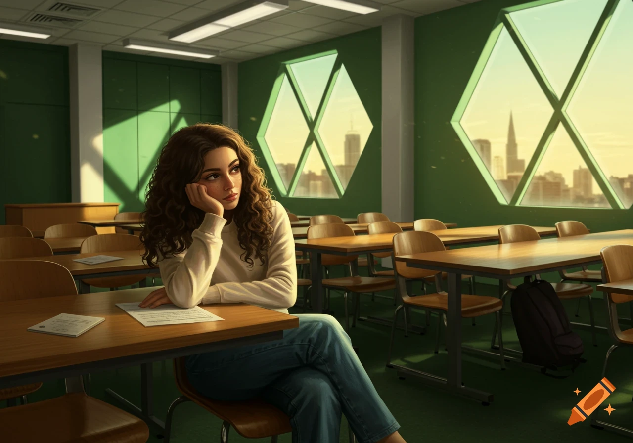 Photorealistic image of a bored brunette woman in a university classroom, sitting at a desk with papers and a city view.