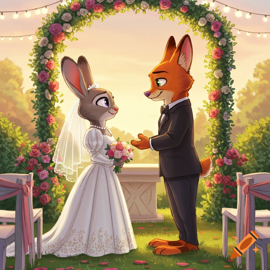 Judy Hopps in a wedding gown holding a bouquet stands with an orange fox in a tuxedo under a floral arch at an outdoor wedding.