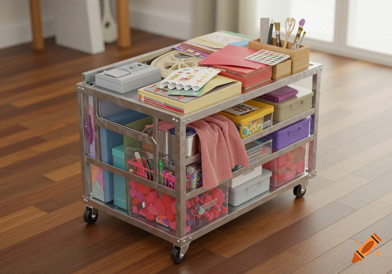 A metal rolling cart overflowing with colorful craft supplies, including paper, fabric, and various tools, sits on a wooden floor.