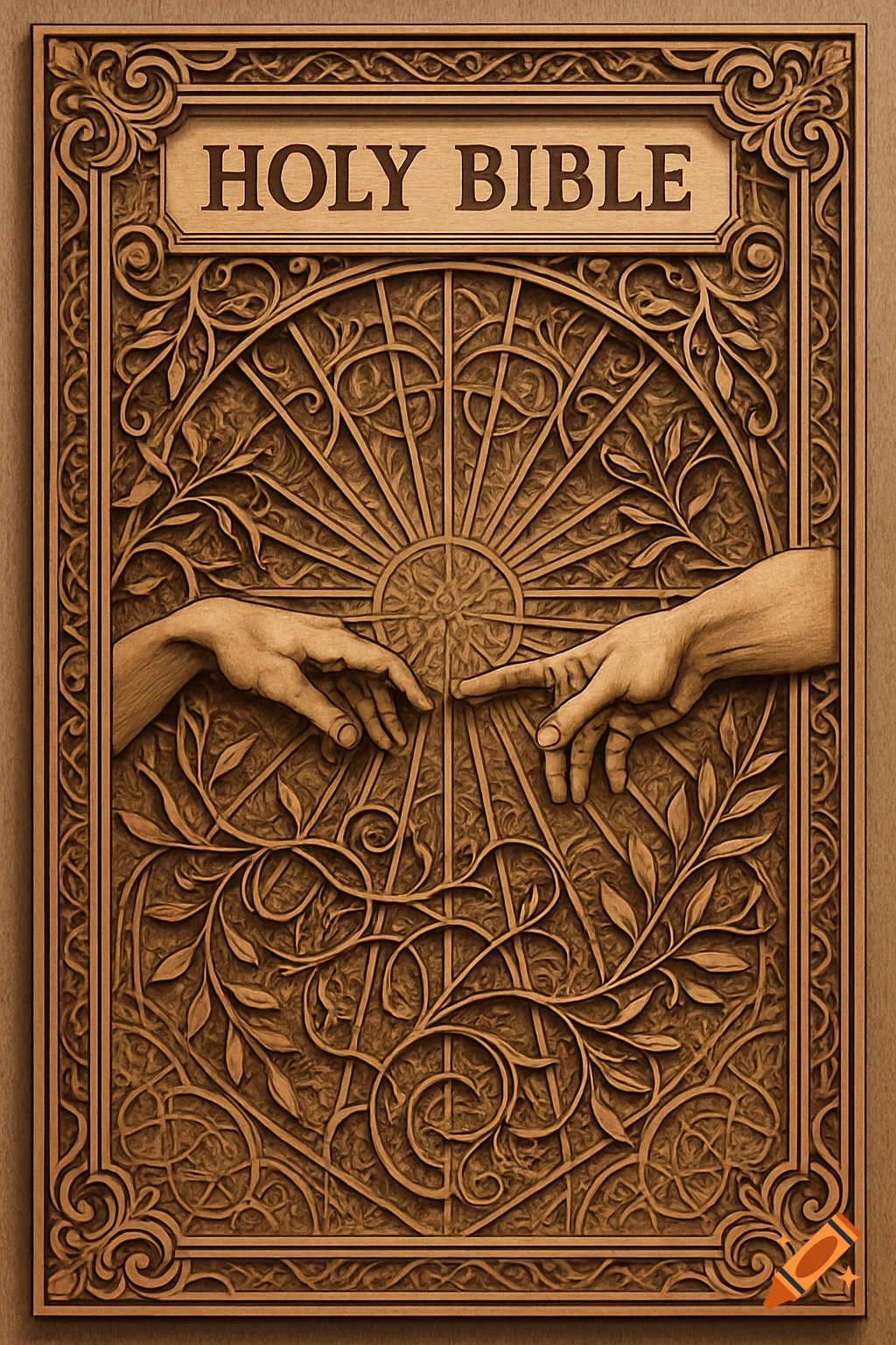 A detailed wooden carving of a Holy Bible cover featuring two hands reaching out, surrounded by intricate filigree and floral designs.