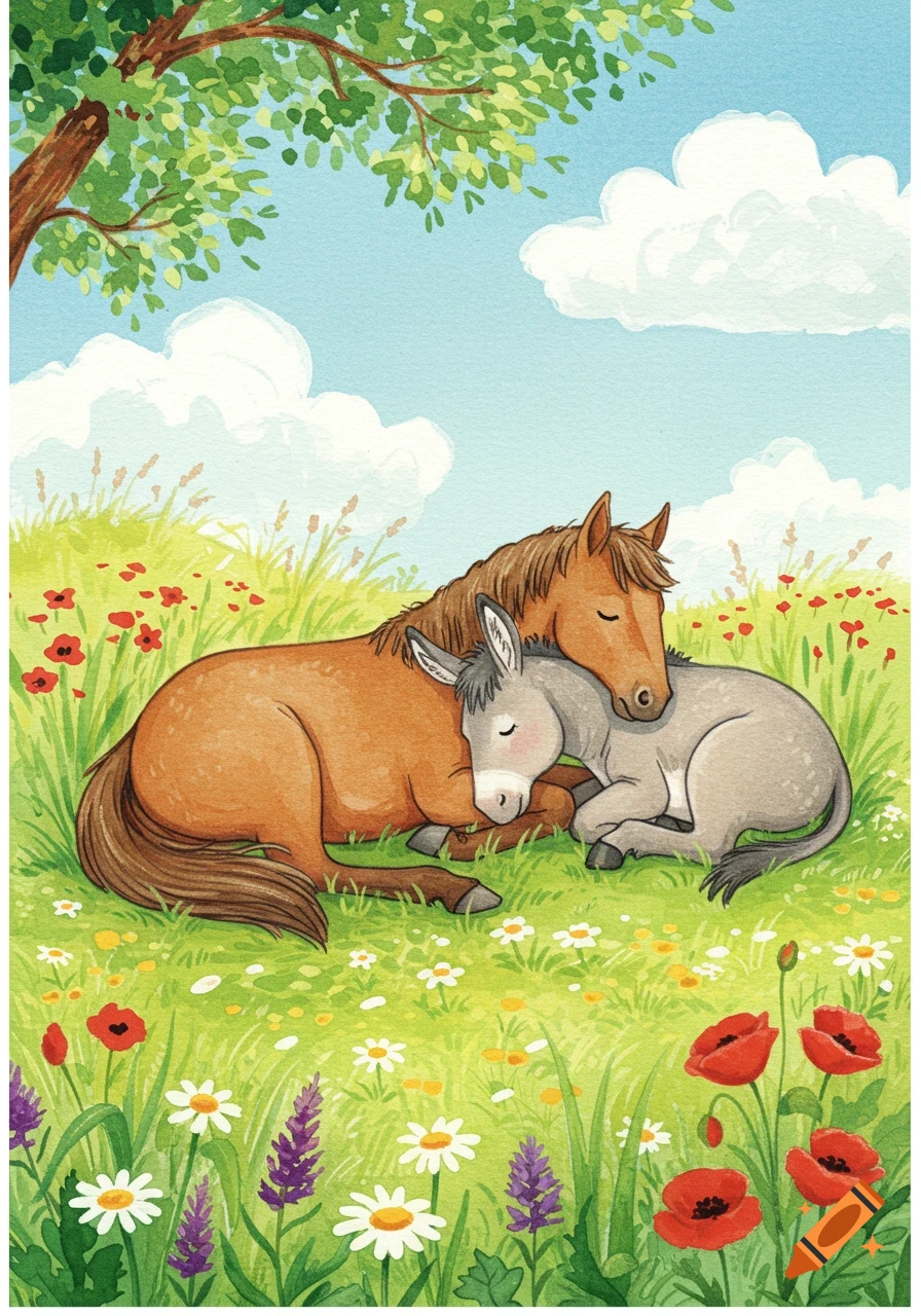 A watercolor illustration of a brown horse and a gray donkey sleeping peacefully in a vibrant green field with colorful flowers under a tree.