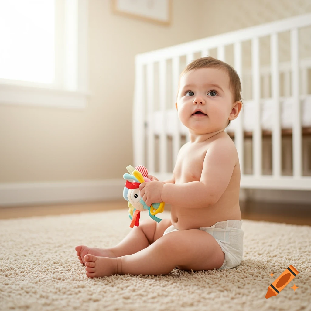 A baby in a diaper sits on a rug, holding a colorful toy, with a white crib in the background.