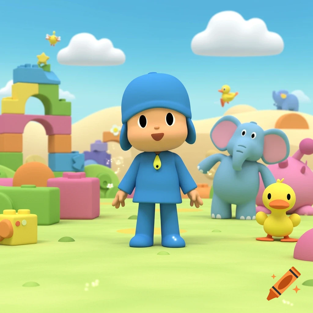 Pocoyo stands in a grassy playscape with colorful blocks, an elephant, and a duck under a blue sky.