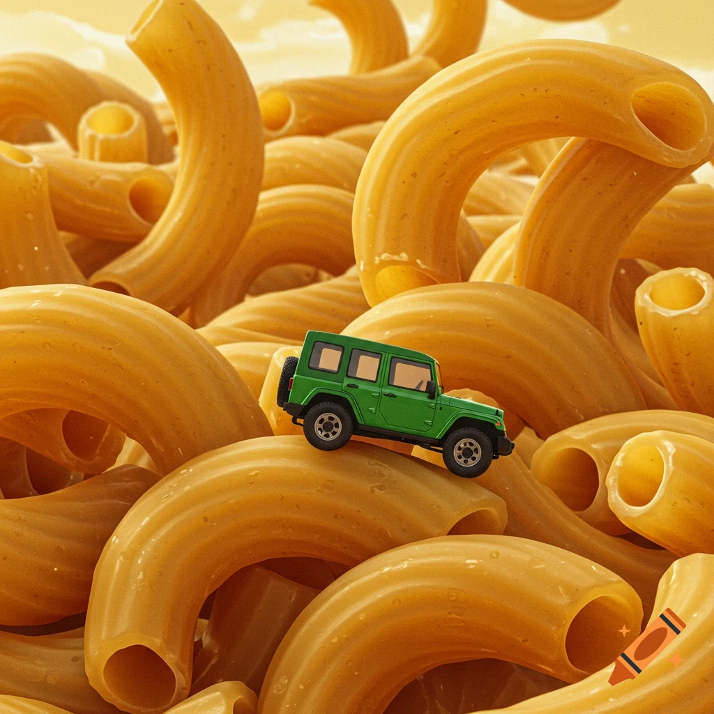 A small green toy jeep navigates a landscape of giant, golden macaroni pasta under a pale sky.