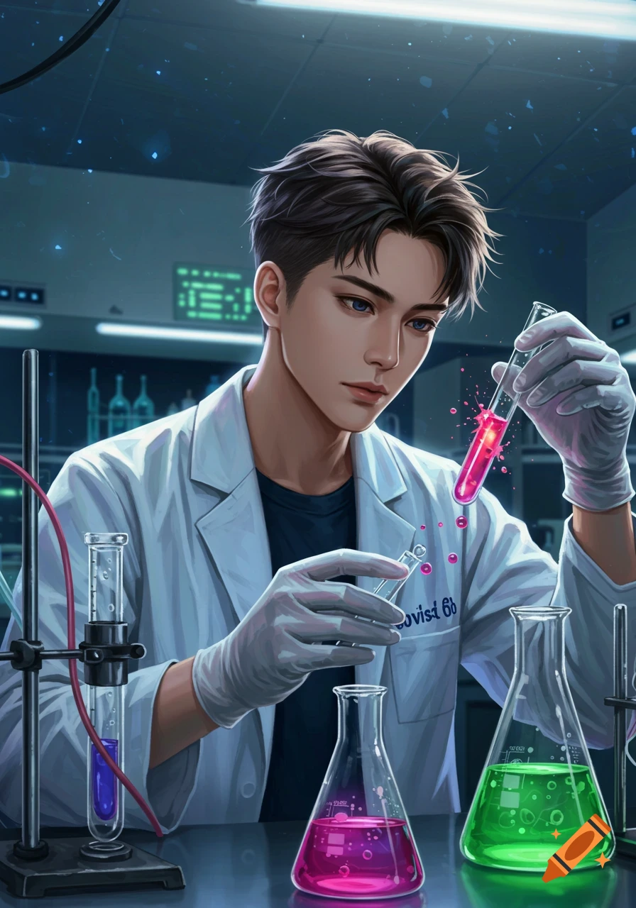 A young, stylish anime male scientist in a lab coat and gloves holds a test tube with glowing pink liquid, surrounded by colorful beakers in a futuristic lab.