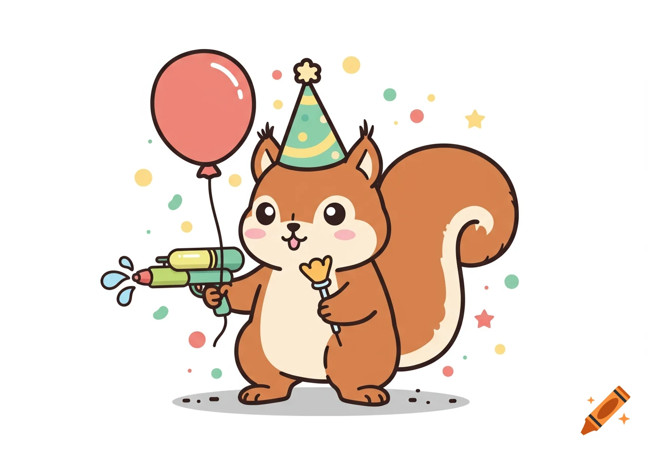 A cute cartoon squirrel wearing a party hat, holding a red balloon and a green water gun, with colorful confetti around it.