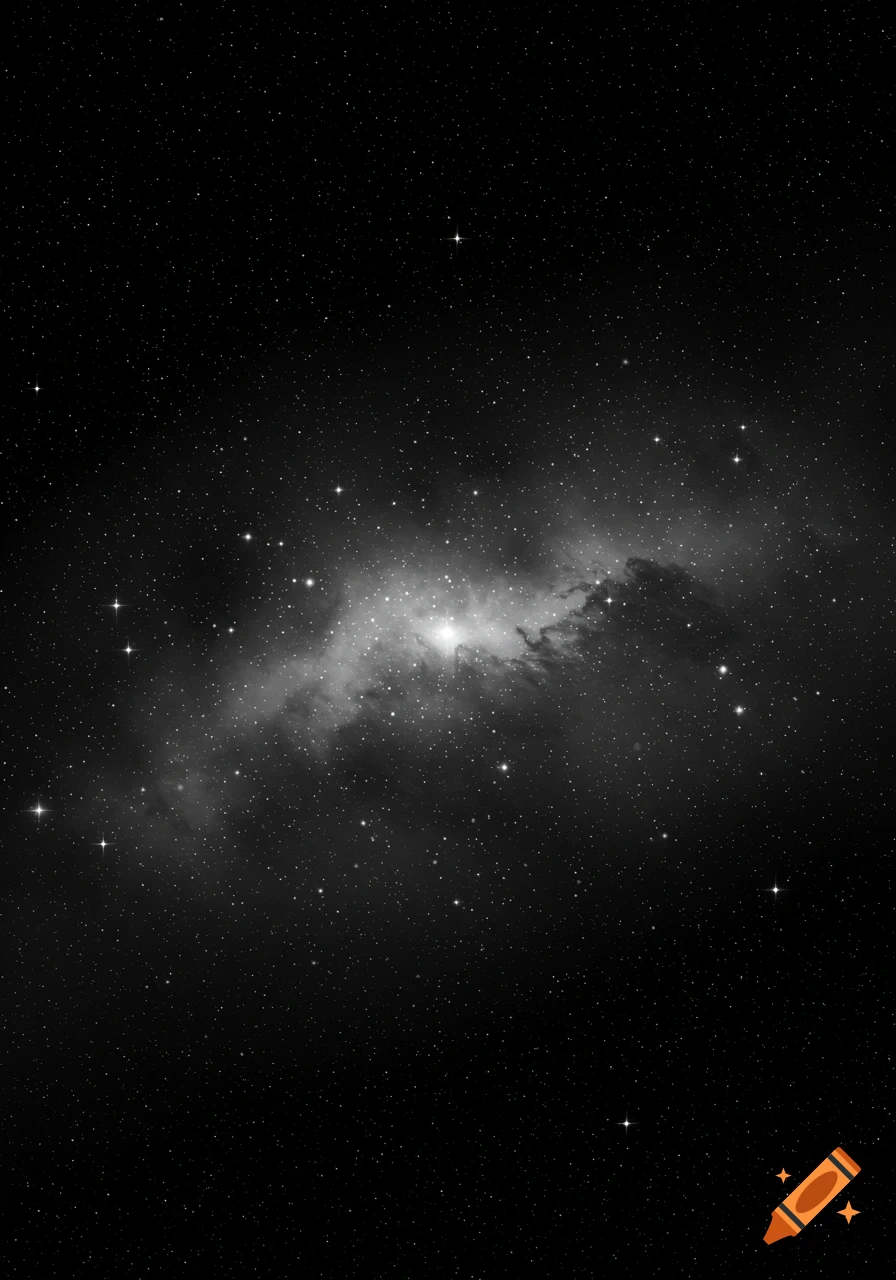 A black and white image of an elongated nebula glowing brightly amidst a field of countless stars in deep space.