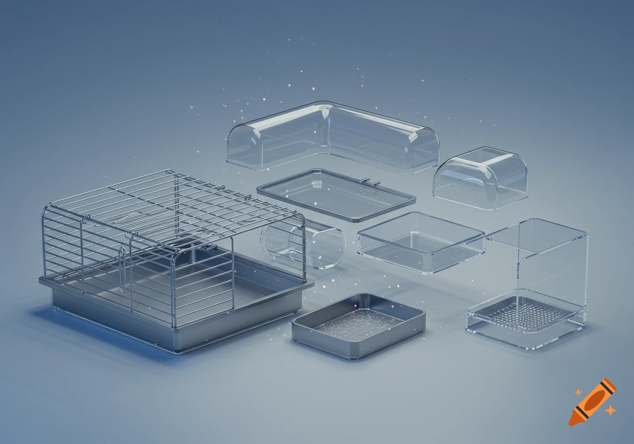 Disassembled rectangular metal wire and clear plastic hamster cage components floating against a light blue background.