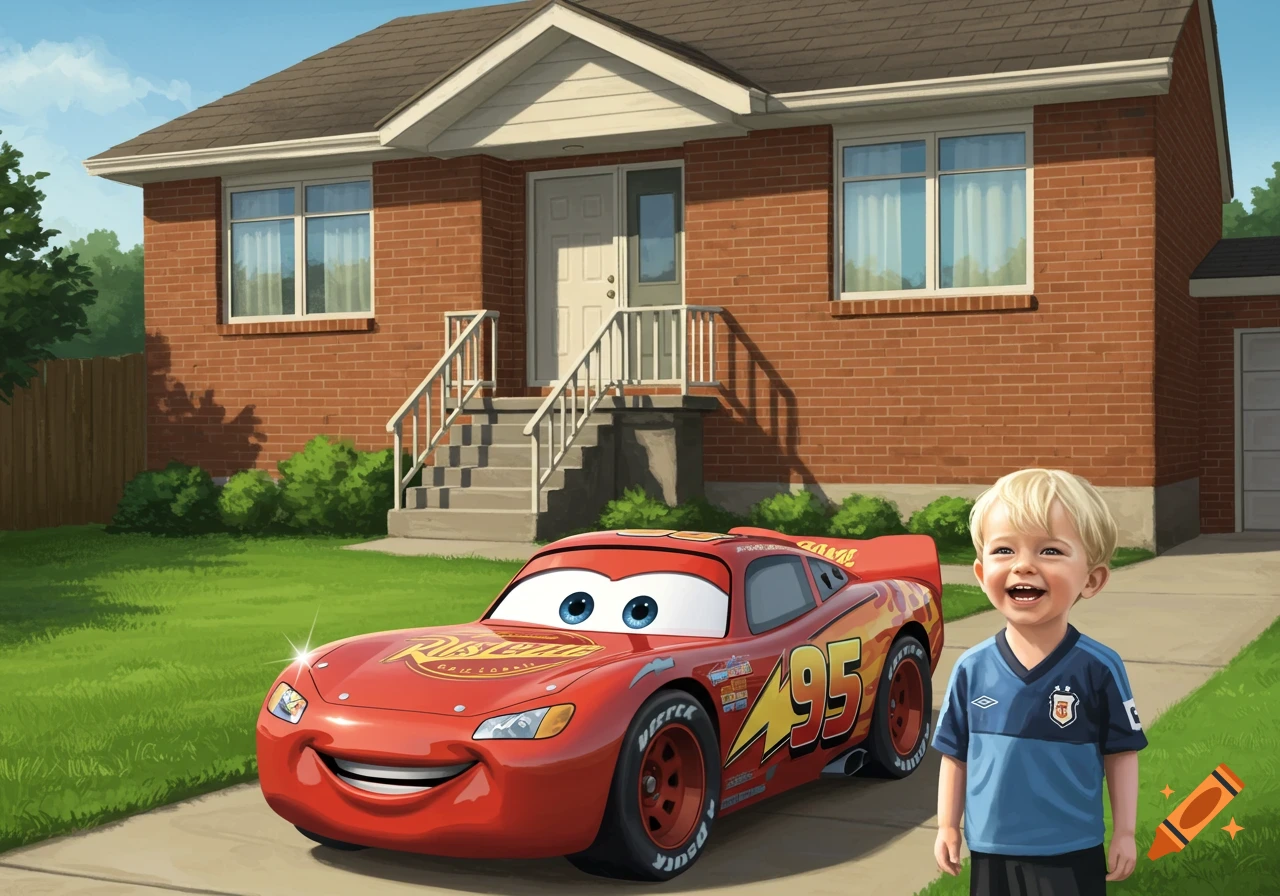 An illustration of a blonde boy smiling next to Lightning McQueen on a driveway in front of a brick house.
