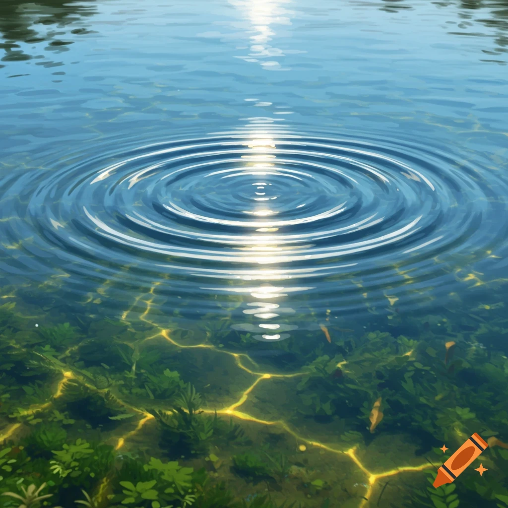 Close-up of circular ripples in clear blue water with sunlight reflecting, revealing green aquatic plants and yellow light patterns beneath the surface.